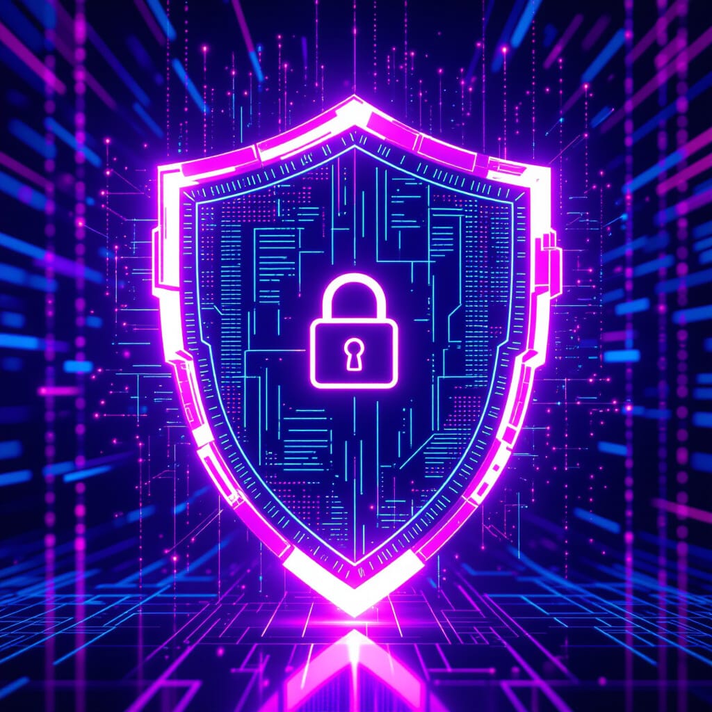 Ilustração de um escudo digital protegendo dados